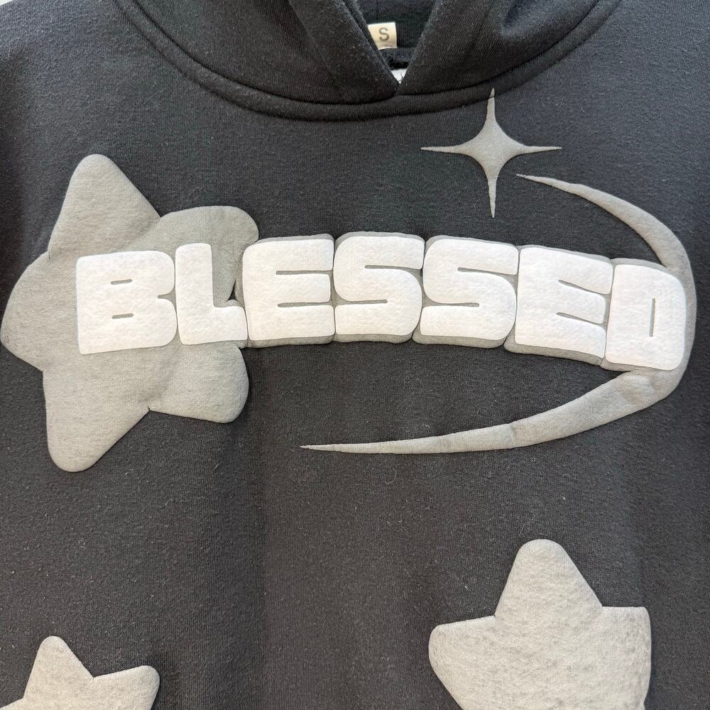 Blessed Hoodie Women's S Black Grey Puffy Graphic With Stars - Picture 3 of 7